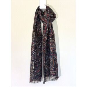 Pure Silk Black/Red Allover Paisley Fringe Hem Scarf Unisex Accessory